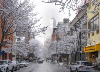 Snowy street with One World Trade Center