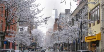 Snowy street with One World Trade Center
